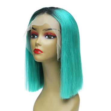 Wholesale 1B/lake blue Human Hair Lace Front Straight Bob Wigs