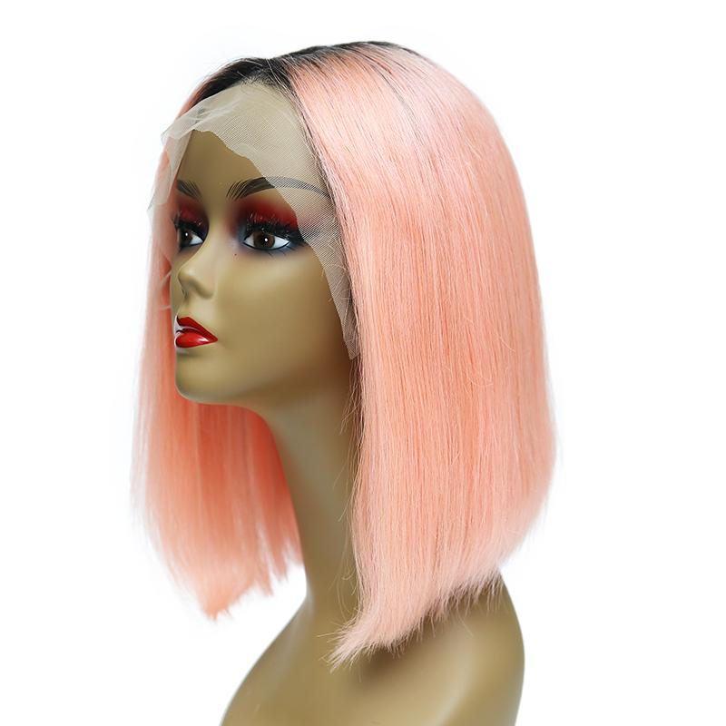 Wholesale #1B/Pink Human Hair Lace Front Straight Bob Wigs