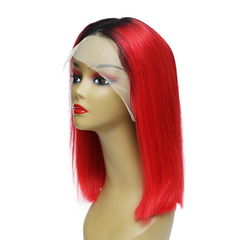 #1B/red Human Hair Lace Front Straight Bob Wigs