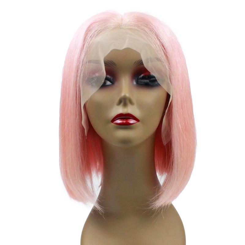 Pink Human Hair Lace Front Straight Bob Wigs