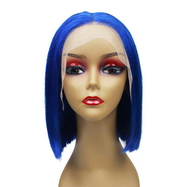 Blue Human Hair Lace Front Straight Bob Wigs