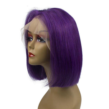 Purple Human Hair Lace Front Straight Bob Wigs