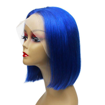 Blue Human Hair Lace Front Straight Bob Wigs