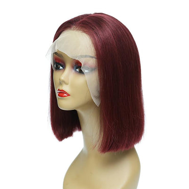 wine red Human Hair Lace Front Straight Bob Wigs